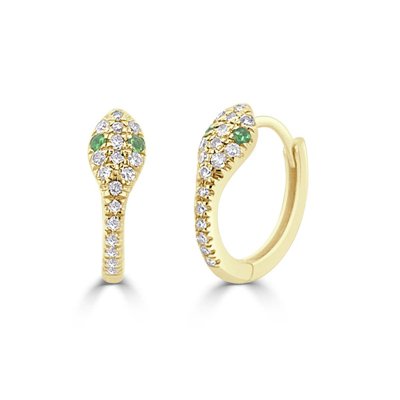 Davis Classics 14k Yellow Gold Snake Diamond and Tsavorite Huggie Hoop Earrings