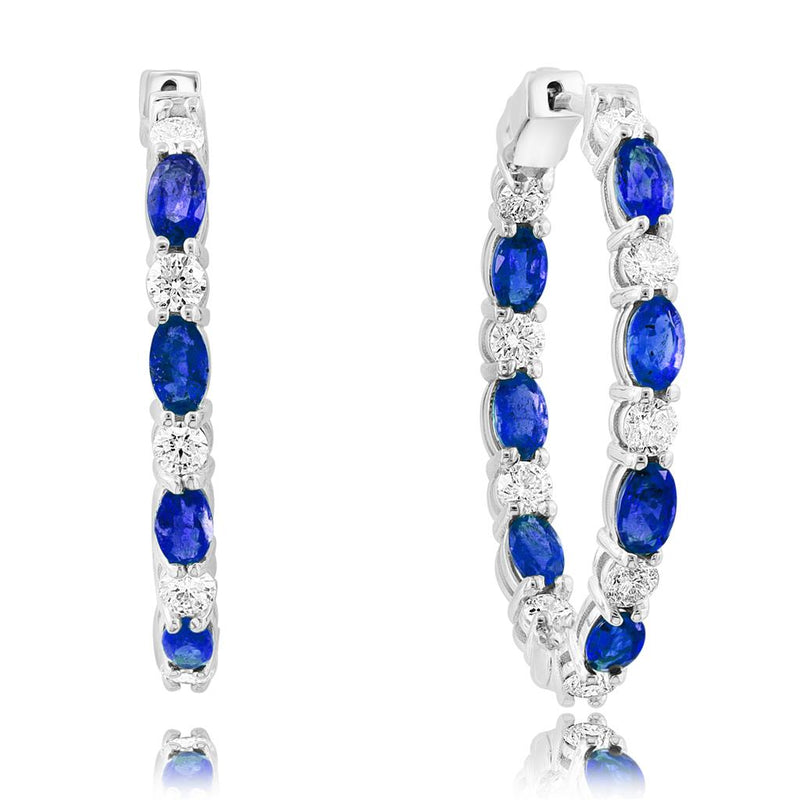 Davis Classics 14k White Gold Ceylon Blue Sapphire and Diamond In/Out Hoop Earrings