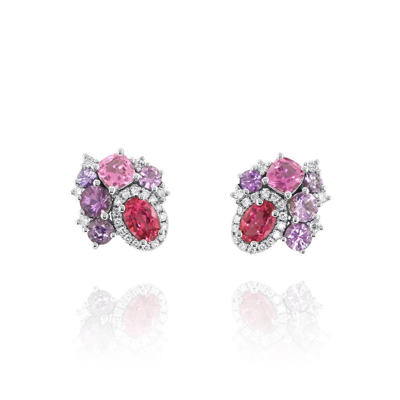 Yael Designs 14k White Gold Tesserae Orchid Stud Earrings with Pink Tourmaline, Sapphires and Diamonds