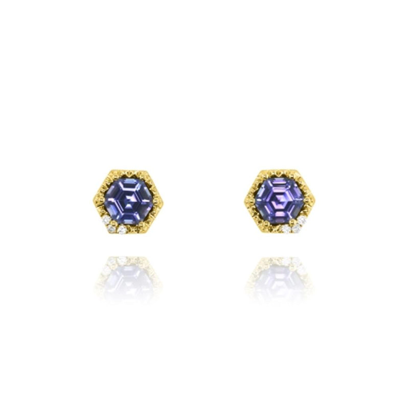 Yael Designs 14k Yellow Gold Borealis Collection Tanzanite and Diamond Hexagon Stud Earrings