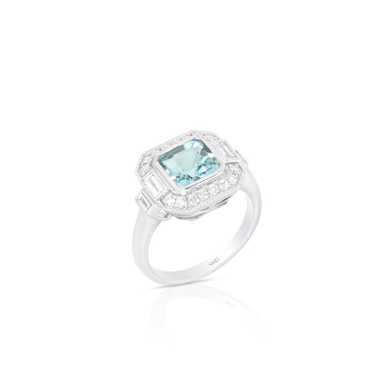 Yael Designs 18k White Gold Art Deco Aquamarine and Diamond Three-Stone Halo Ring