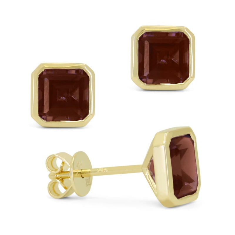 Madison L 14k Yellow Gold Garnet Square Cushion Cut Stud Earrings