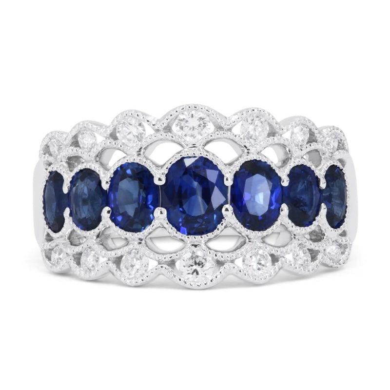 Madison L 18k White Gold Vintage Design Blue Sapphire and Diamond Ring