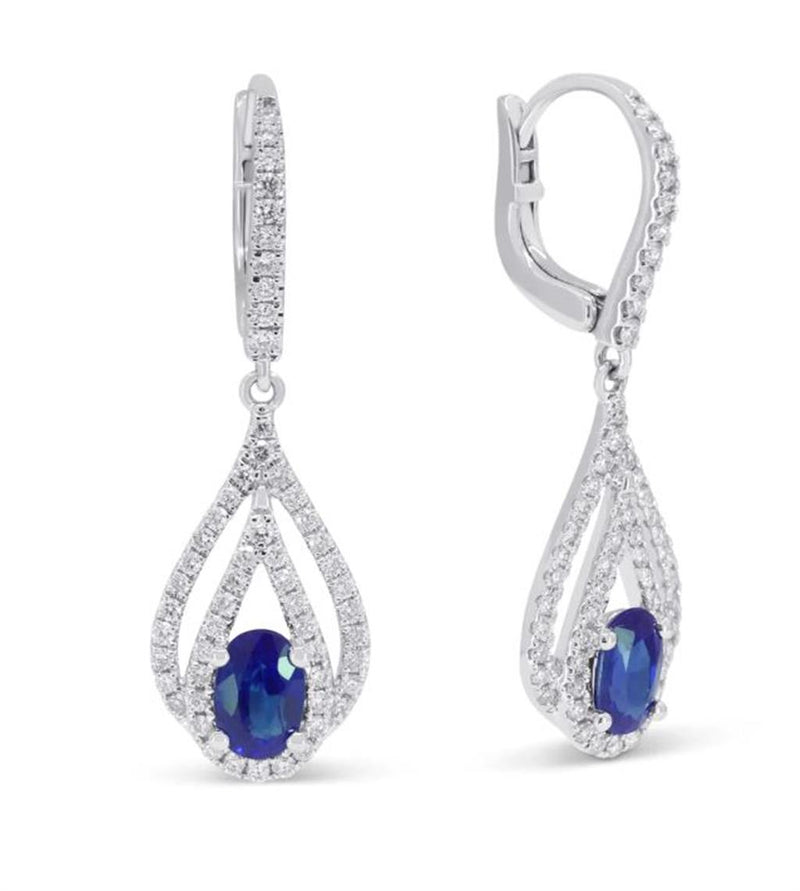 Madison L 14k White Gold Double Open Teardrop Design Blue Sapphire and Diamond Dangle Earrings