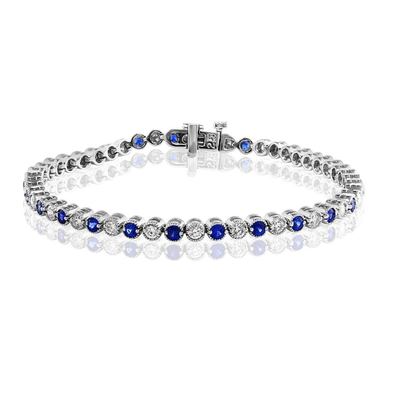 Davis Classics 14k White Gold Blue Sapphire and Diamond Milgrain Station Tennis Bracelet