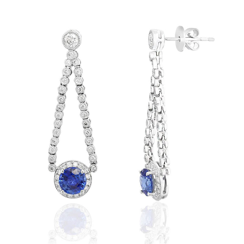 Davis Classics 18k White Gold Ceylon Blue Sapphire and Diamond Chandelier Dangle Earrings