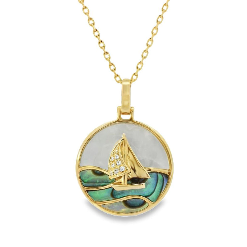 Frederic Sage 14k Yellow Gold Diamond, Mother of Pearl, and Abalone Sailboat Pendant