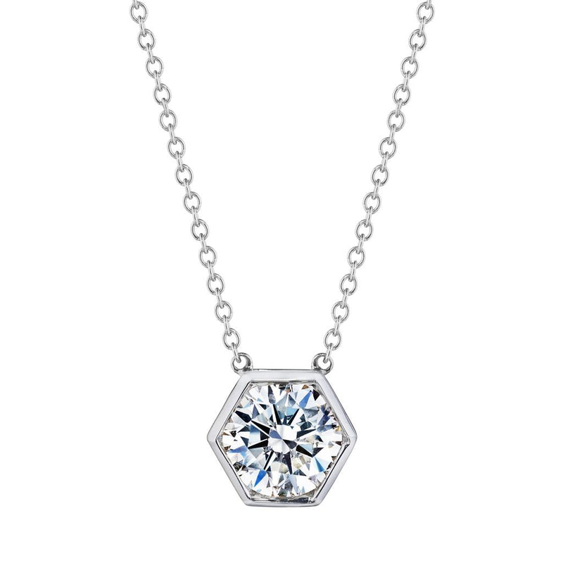 Davis Classics 18k White Gold Hex Broadway Diamond Solitaire Pendant Necklace