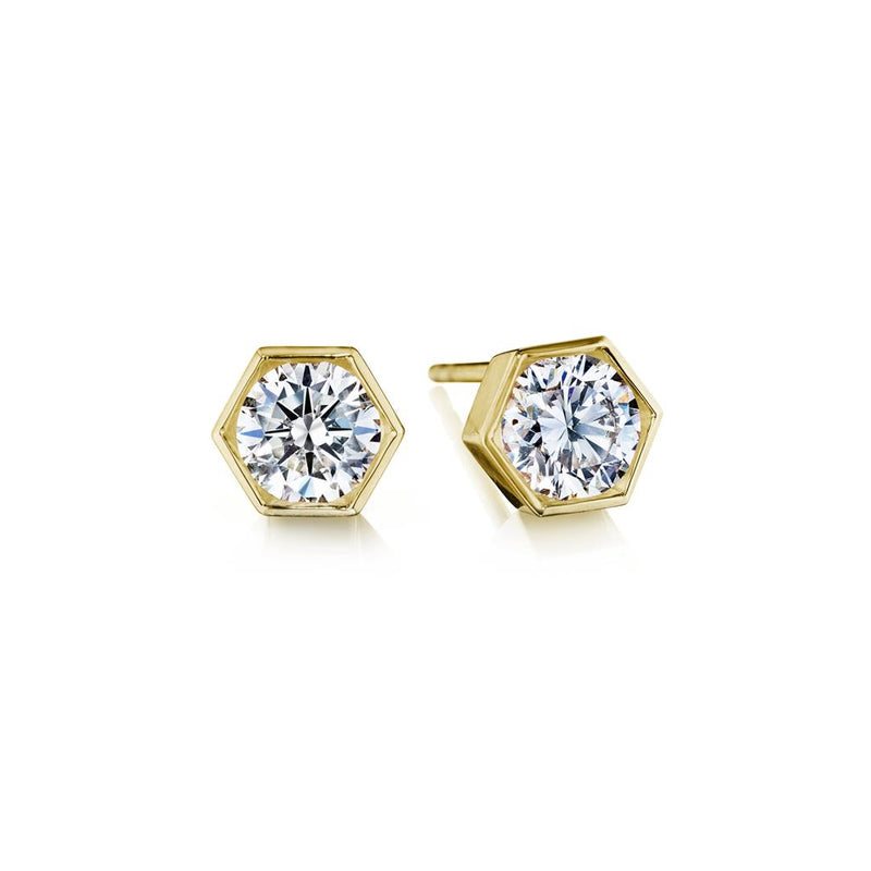 Davis Classics 18k Yellow Gold Hex Broadway Diamond Solitaire Stud Earrings