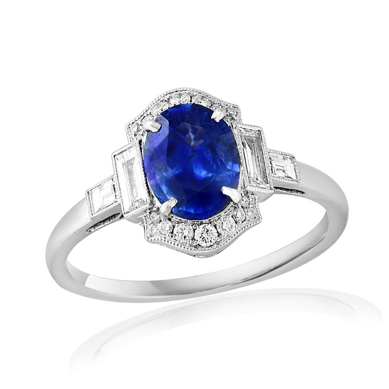 Davis Classics 18k White Gold Vintage Halo Blue Sapphire and Diamond Ring