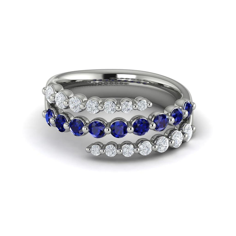 Vlora 14k White Gold Adella Color Collection Triple Row Bypass Design Sapphire and Diamond Fashion Ring