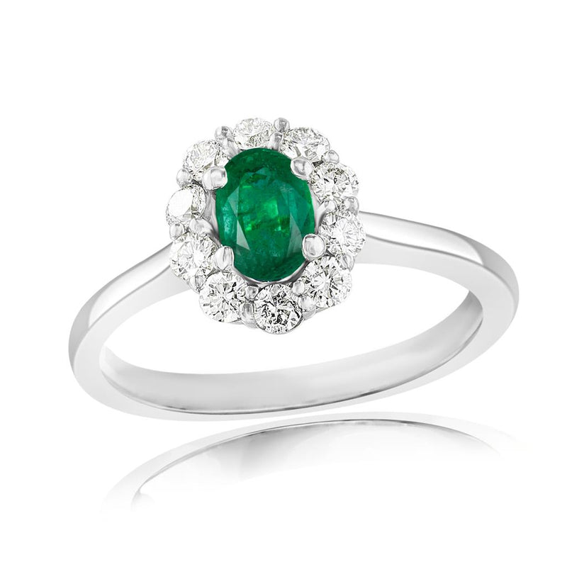 Davis Classics Emerald and Diamonds Halo Fashion Ring in 18k White Gold