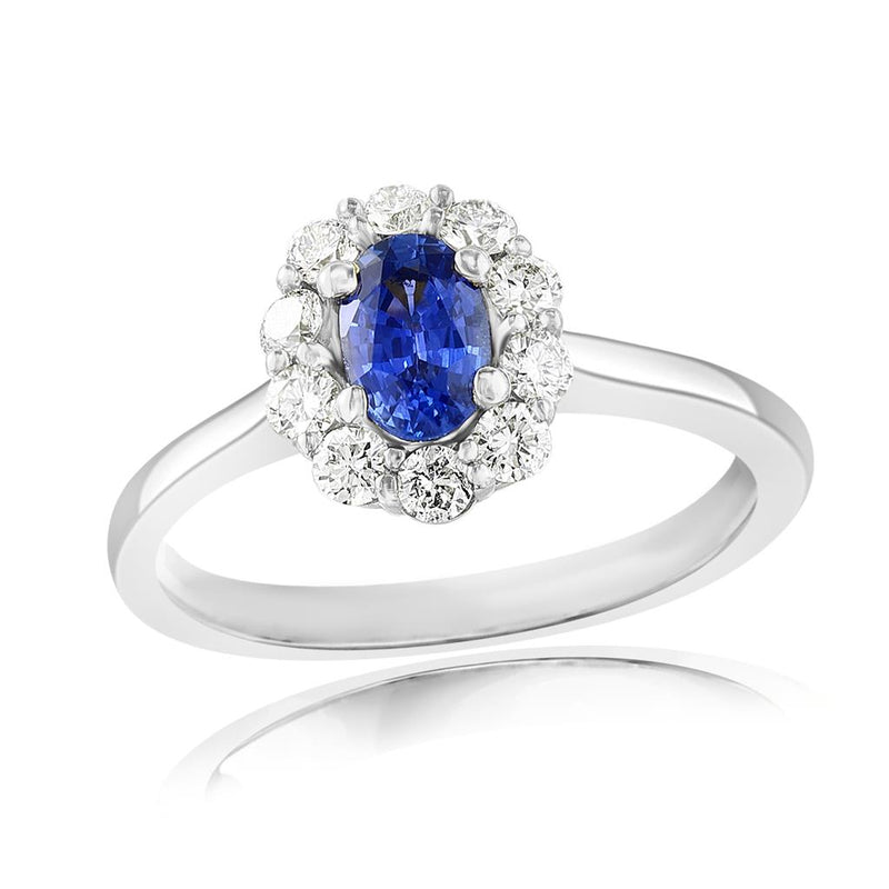 Davis Classics 18k White Gold Floral Halo Ceylon Blue Sapphire and Diamond Fashion Ring