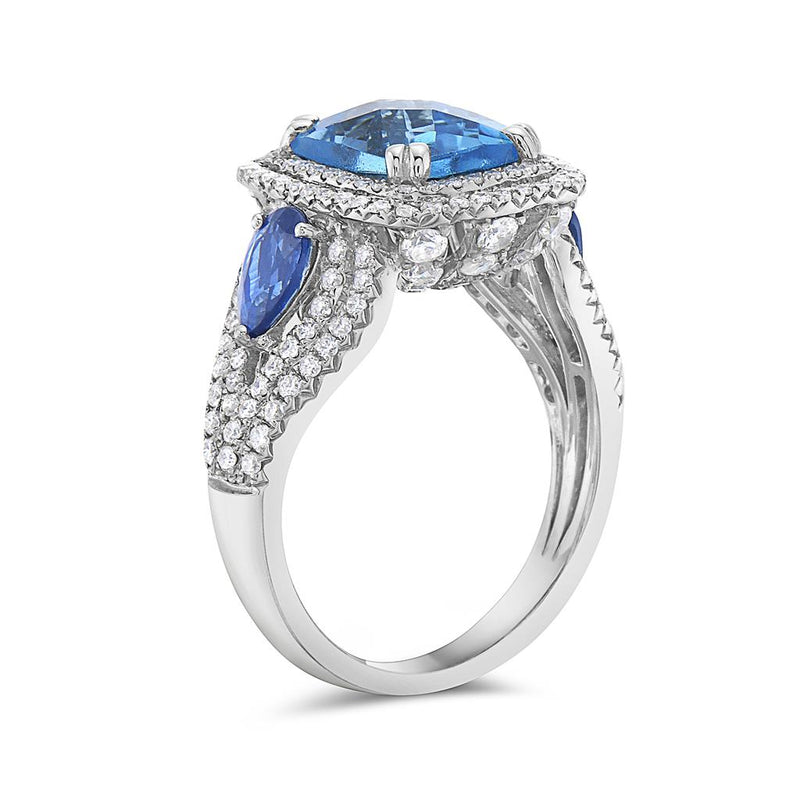 Charles Krypell 18k White Gold Blue Topaz, Sapphire, and Diamond Double Halo Three-Stone Ring