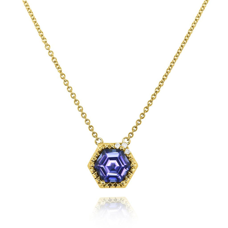 Yael Designs 14k Yellow Gold Borealis Tanzanite and Diamond Hexagon Pendant Necklace