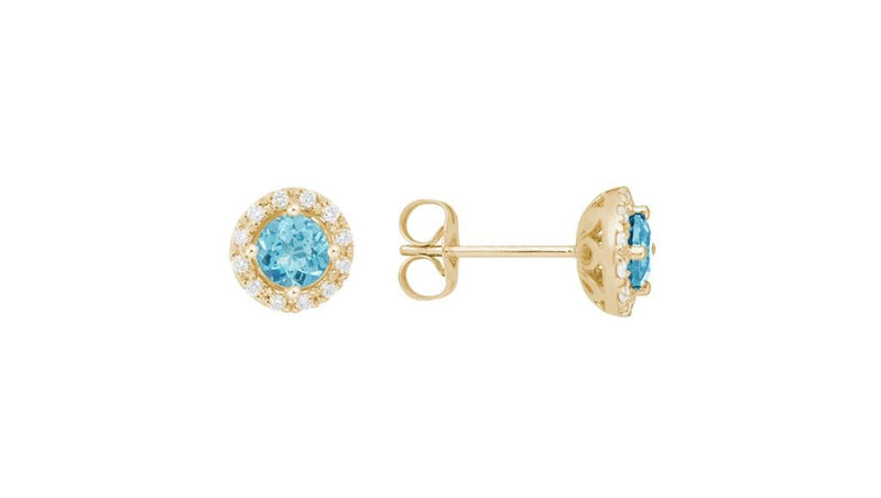 Davis Classics Blue Topaz and Diamonds Halo Earrings in 14k Yellow Gold