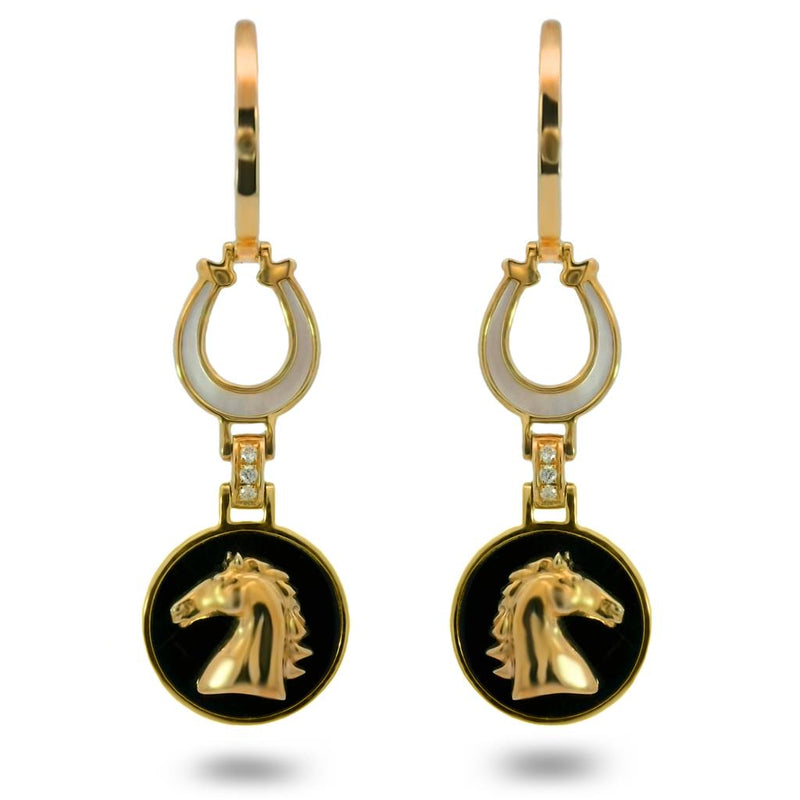 Frederic Sage 14k Yellow Gold Diamond, Mother of Pearl, and Black Onyx Equestrian Drop Earrings