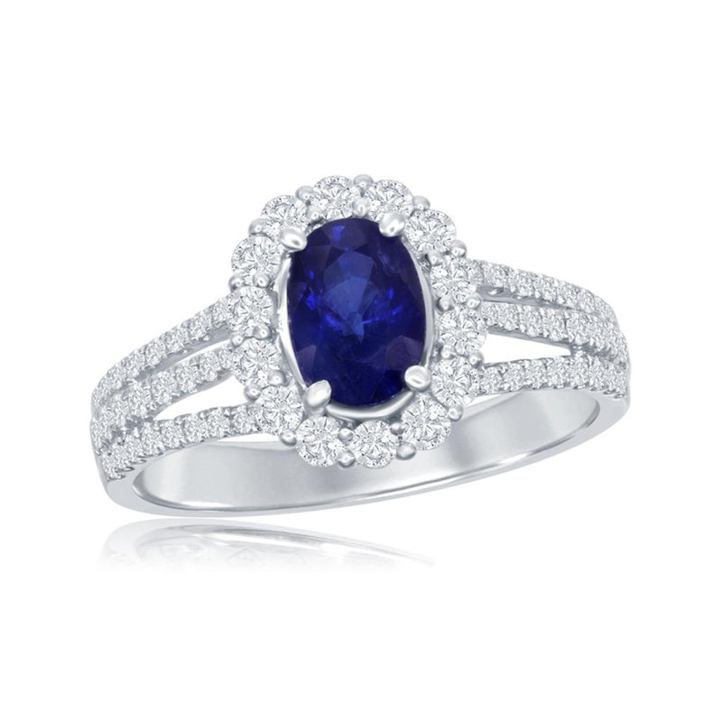 Davis Classics 18k White Gold Ceylon Blue Sapphire and Diamond Halo Fashion Ring