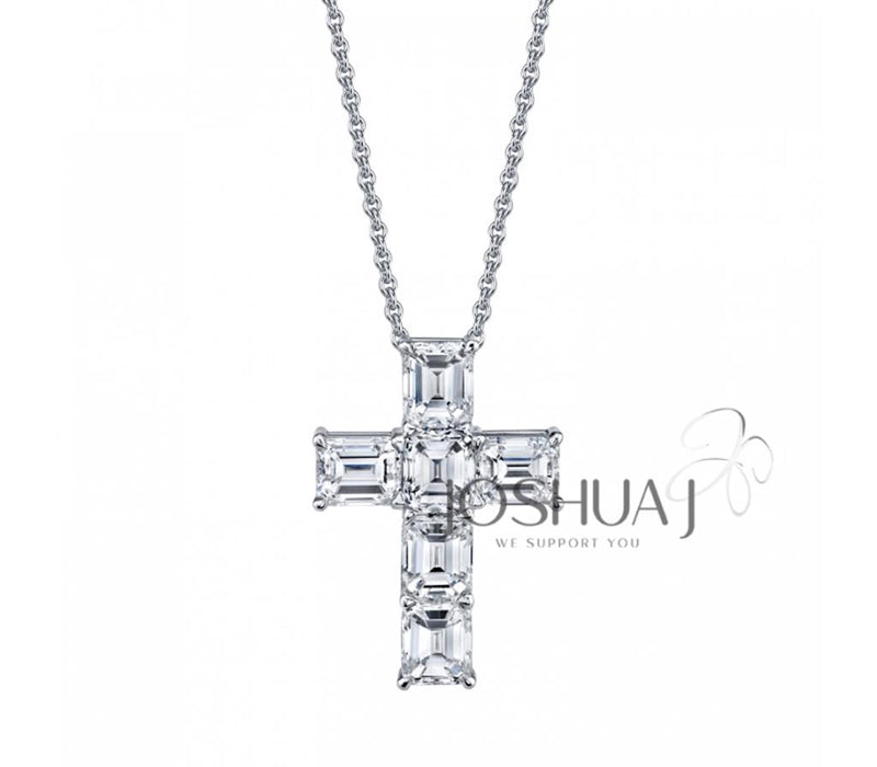 Davis Classics 14k White Gold Emerald-Cut Diamond Cross Pendant Necklace