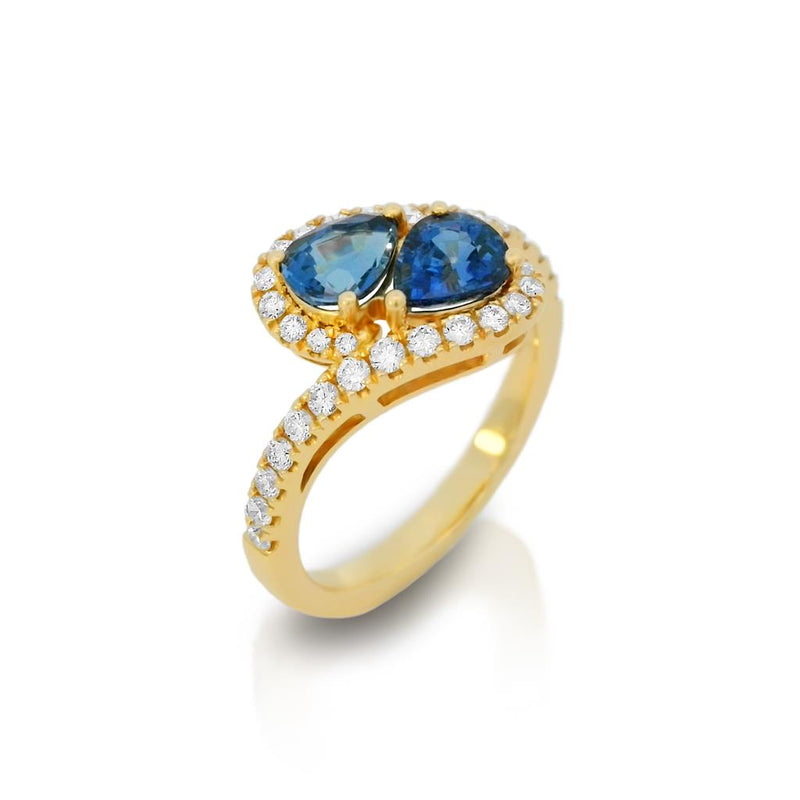 Davis Classics 18k Yellow Gold Bypass Halo Blue Sapphire and Diamond Fashion Ring