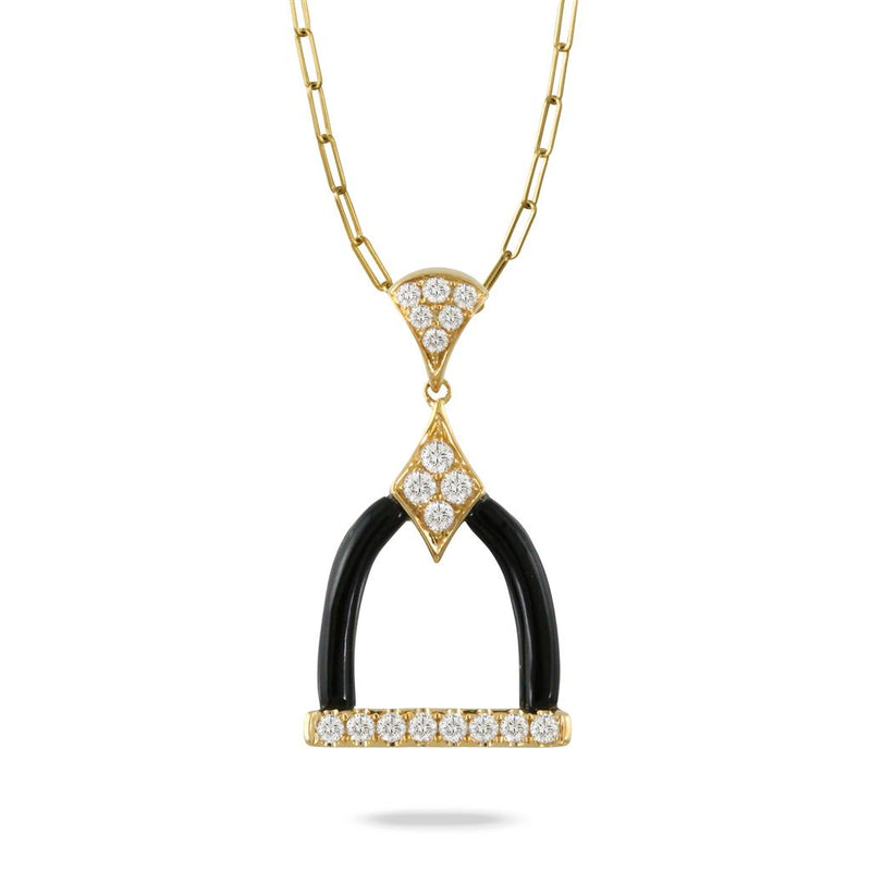 Doves 18k Yellow Gold Equestrian Collection Horse Stirrup Pendant with Black Onyx and Diamonds