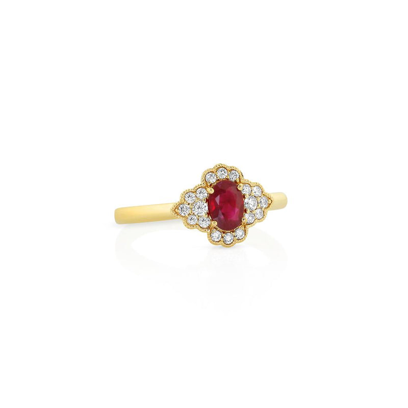 Yael 18k Yellow Gold Ruby and Diamond Floral Halo Ring