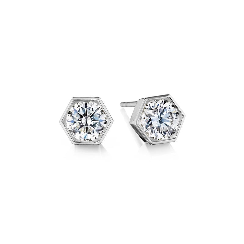 Davis Classics 18k White Gold Hex Broadway Diamond Solitaire Stud Earrings