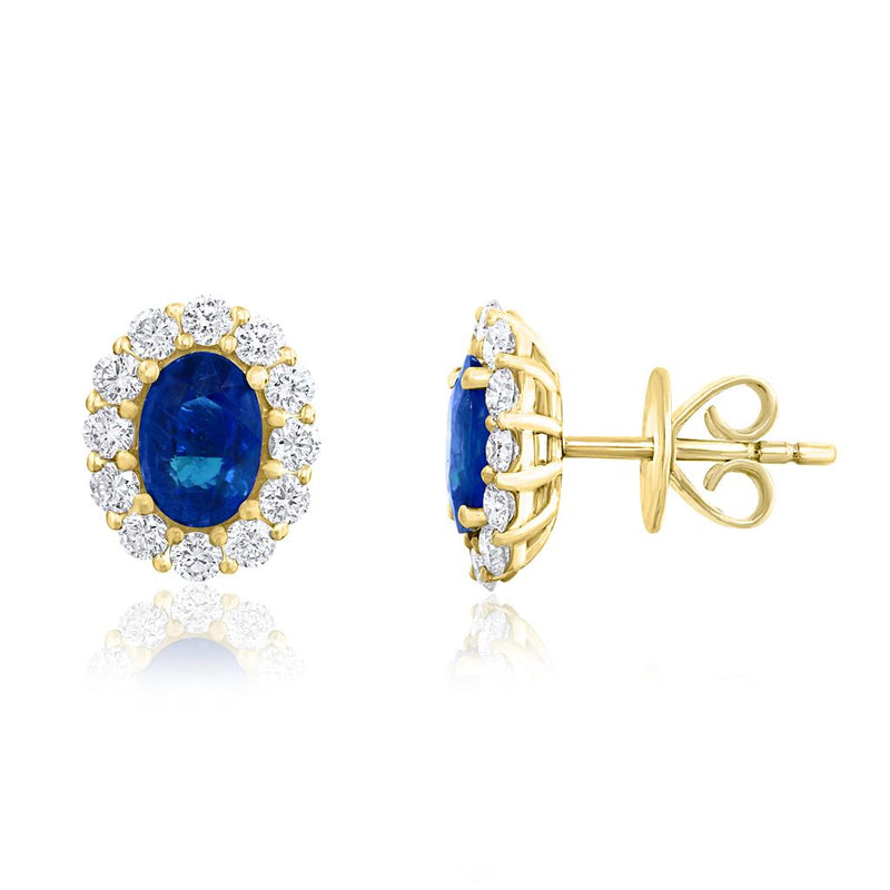 Davis Classics 18k Yellow Gold Ceylon Blue Sapphire and Diamond Halo Stud Earrings