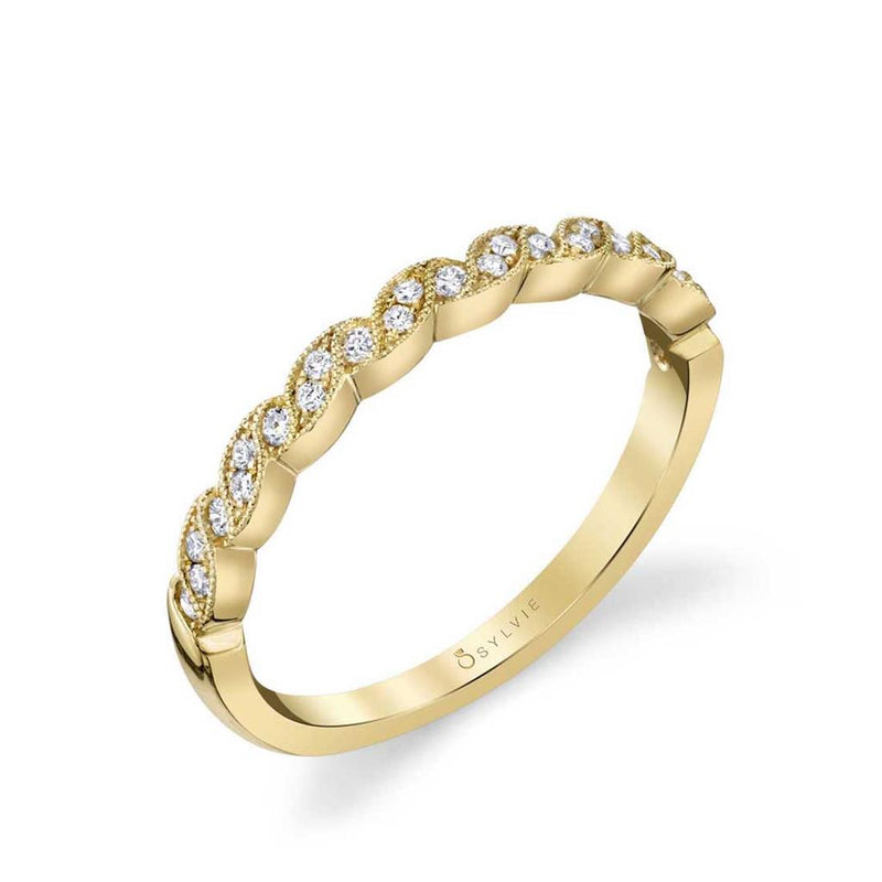 Sylvie Women's 14k Yellow Gold Vintage-Inspired Ribbon Design Diamond Band with Milgrain Detail