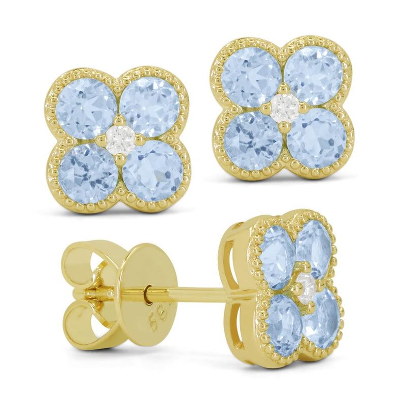 Madison L 14k Yellow Gold Clover Design London Blue Topaz and Diamond Stud Earrings