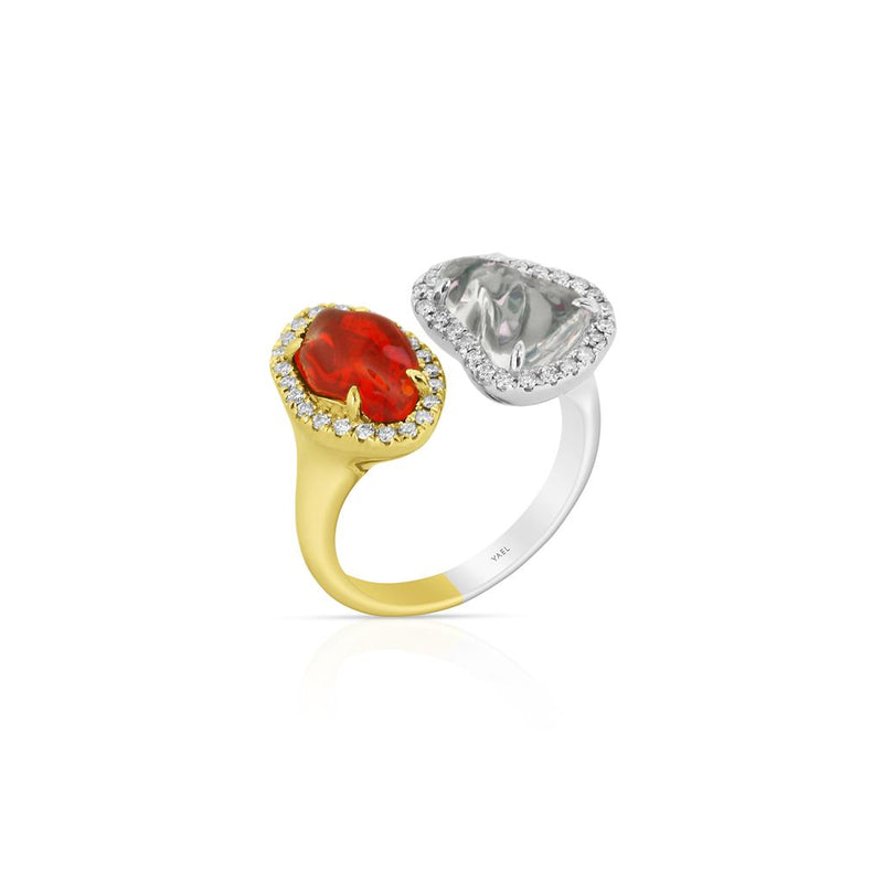 Yael 18k White and Yellow Gold Toi & Moi Fire Opal and Diamond Halo Cuff Ring