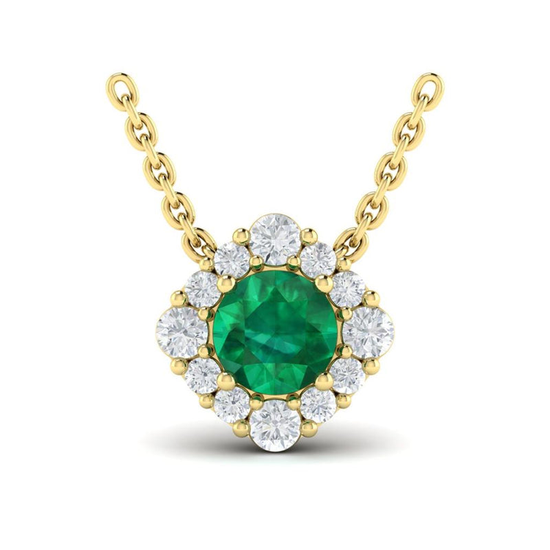 Vlora 14k Yellow Gold Halo Design Zambian Emerald Pendant Necklace