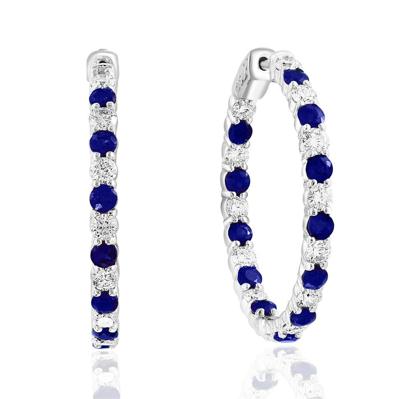 Davis Classics 14k White Gold Ceylon Blue Sapphire and Diamond In/Out Hoop Earrings