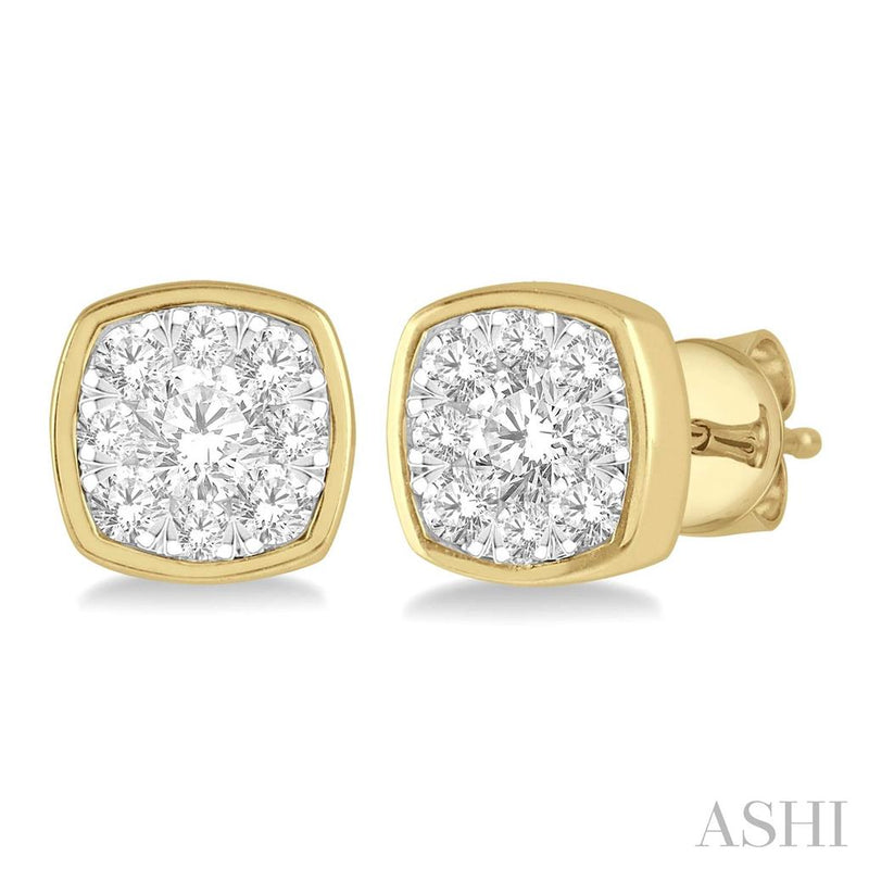 Davis Classics 14k Yellow and White Gold Cushion Bezel Diamond Stud Earrings