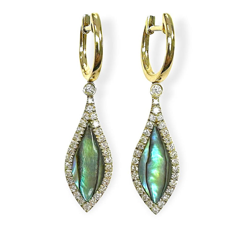 Frederic Sage 14k Yellow Gold Natural Shell Collection Venus Leaf Abalone and Diamond Halo Dangle Earrings