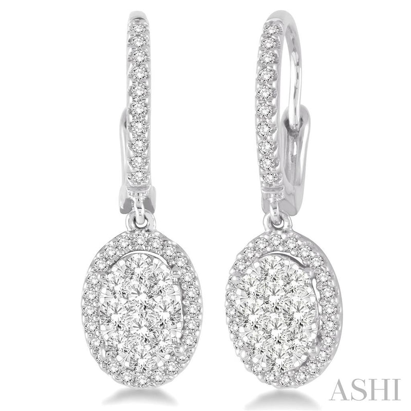 Davis Classics 14k White Gold Oval Halo Diamond Drop Earrings