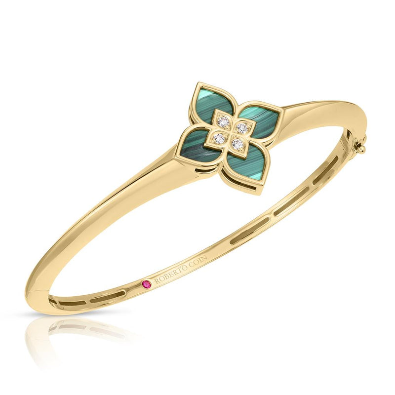 Roberto Coin 18k Yellow Gold Venetian Princess Floral Station Bangle Bracelet with Malachite Inlay