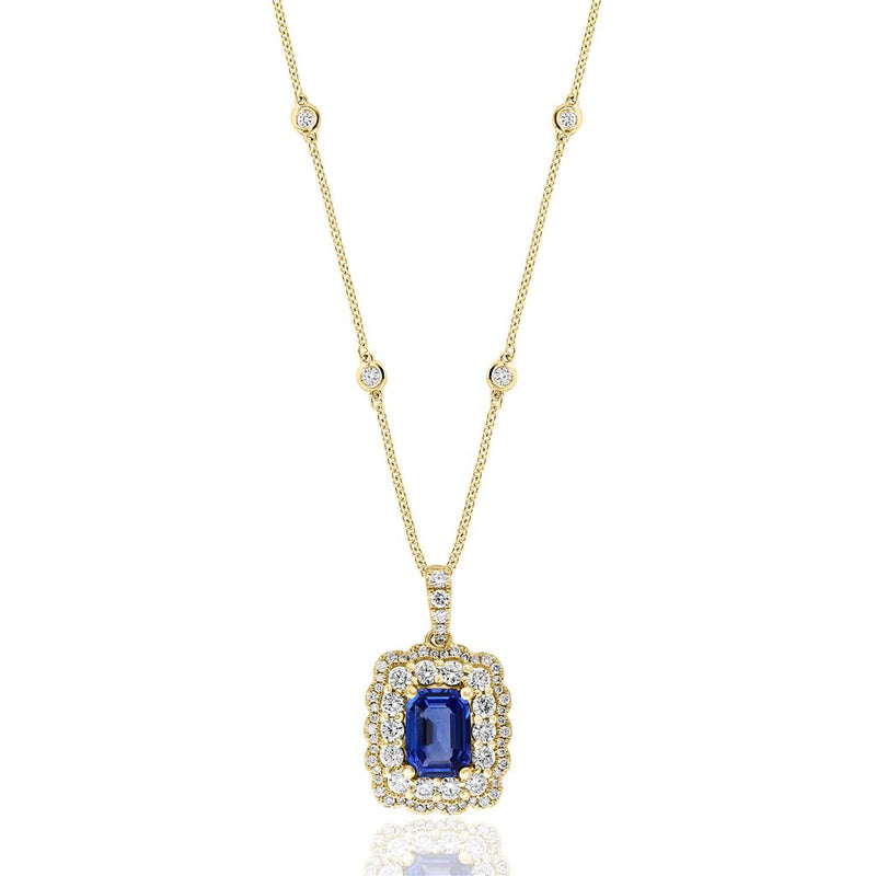 Davis Classics 18k Yellow Gold Double Halo Ceylon Blue Sapphire and Diamond Pendant