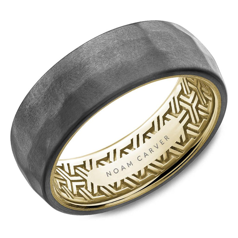 Noam Carver Grey Tantalum 7.5mm Comfort Fit Wedding Band with Frosted Hammered Finish and 14k Yellow Gold Egyptian Patterned Interior