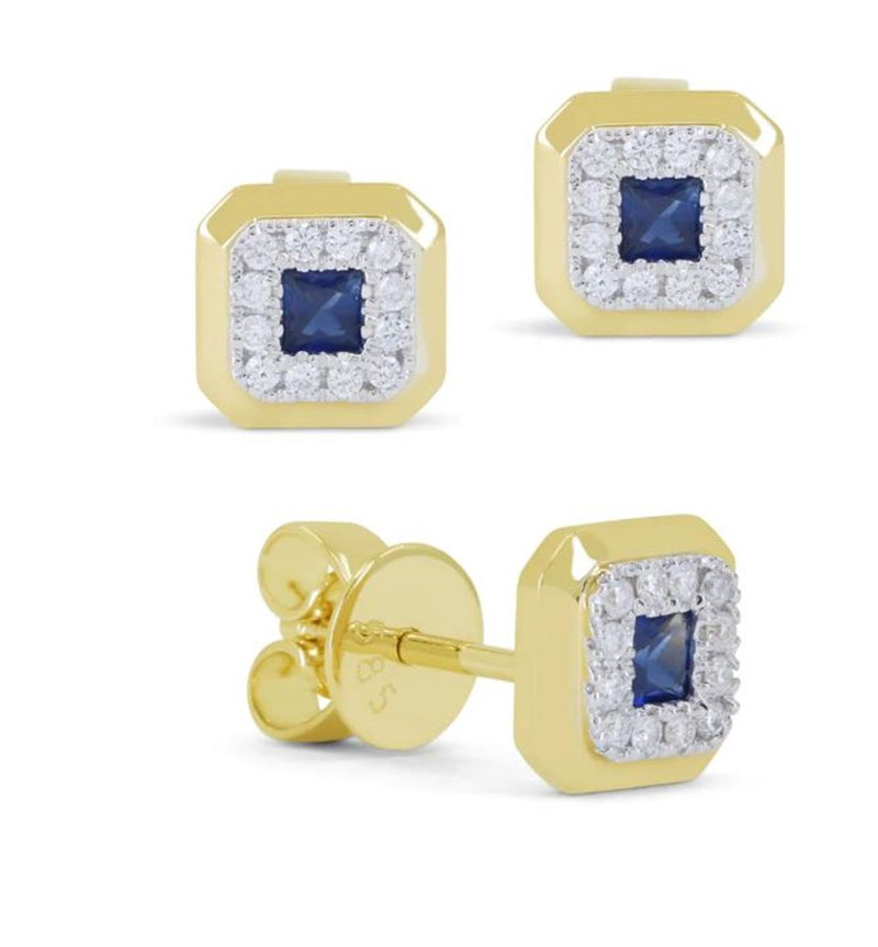 Madison L 14k Yellow Gold Halo Design Blue Sapphire Stud Earrings