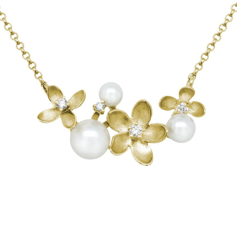 Davis Classics 14k Yellow Gold Floral Pearl and Diamond Bar Pendant Necklace