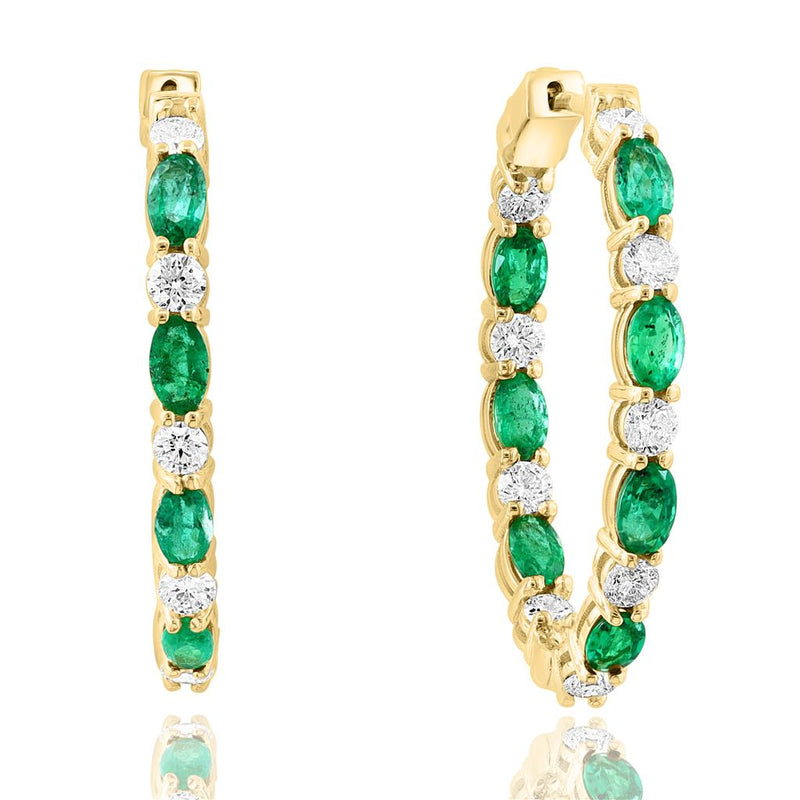 Davis Classics 14k Yellow Gold In/Out Emerald and Diamond Hoop Earrings