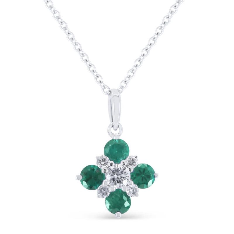 Madison L 14k White Gold Floral Design Emerald and Diamond Pendant