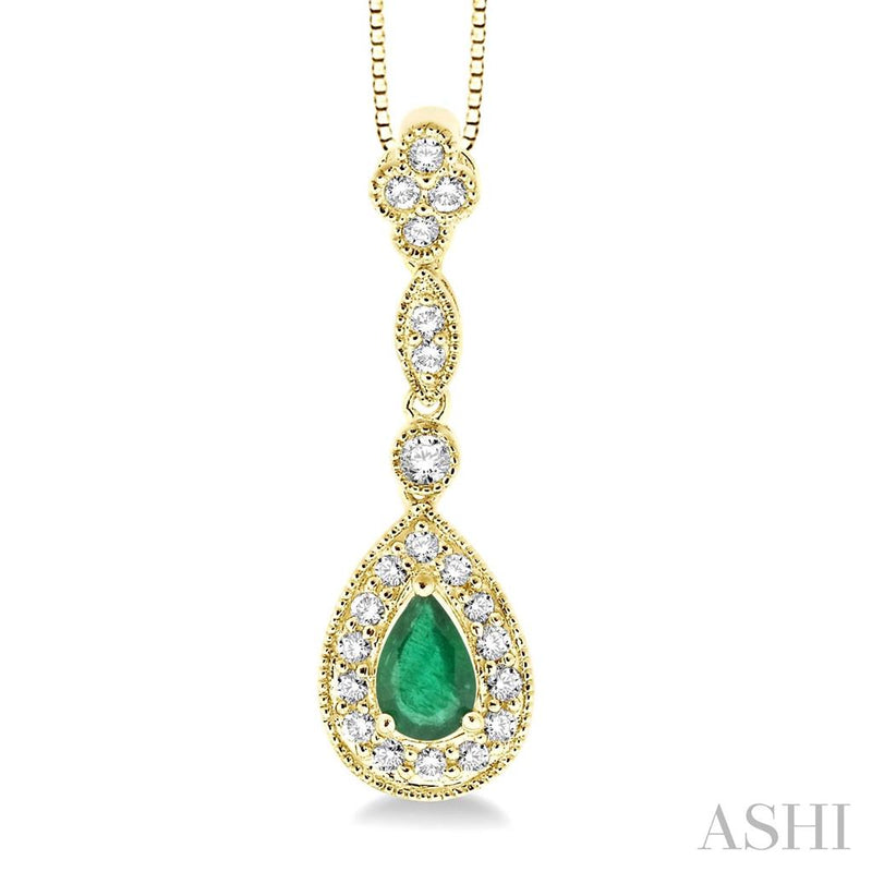 Davis Classics 14k Yellow Gold Vintage-Design Emerald and Diamond Drop Pendant with Milgrain Detail