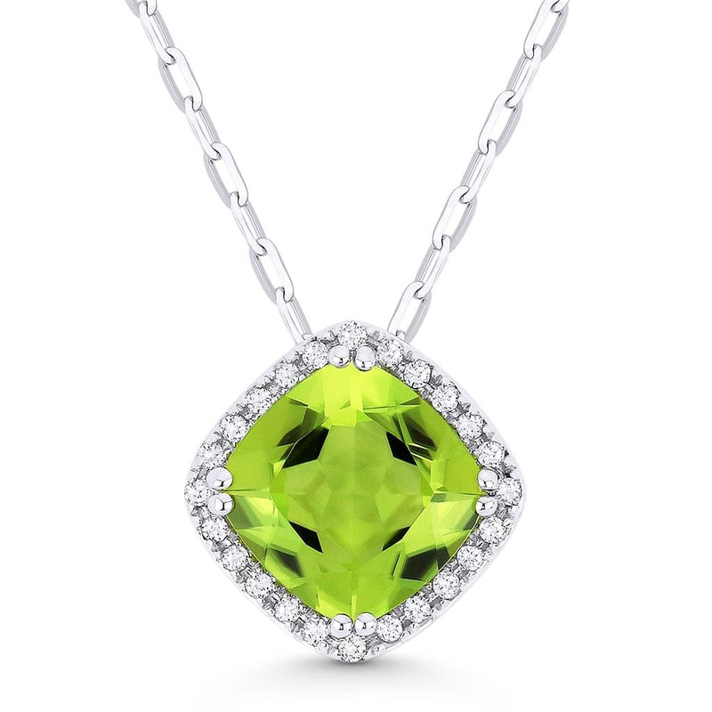 Madison L 14k White Gold Cushion Halo Design Peridot Pendant