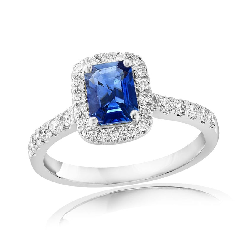 Davis Classics 18k White Gold Ceylon Blue Sapphire and Diamond Halo Fashion Ring