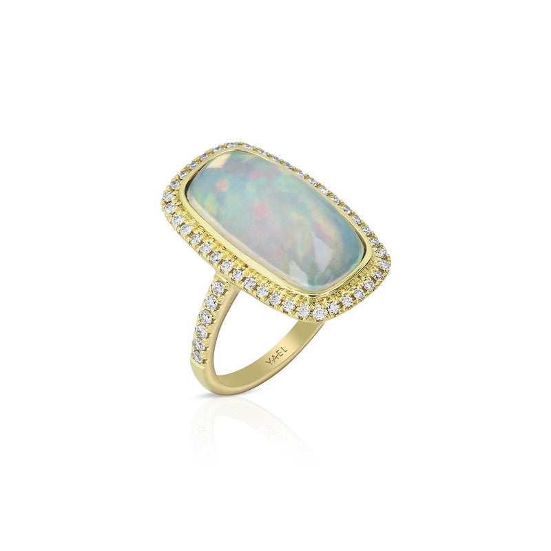 Yael Designs 18k Yellow Gold Rectangle Halo Ethiopian White Opal Fashion Ring