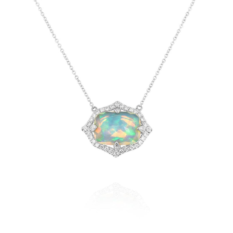 Yael Designs 18k White Gold Ethiopian White Opal and Diamond Halo Pendant Necklace