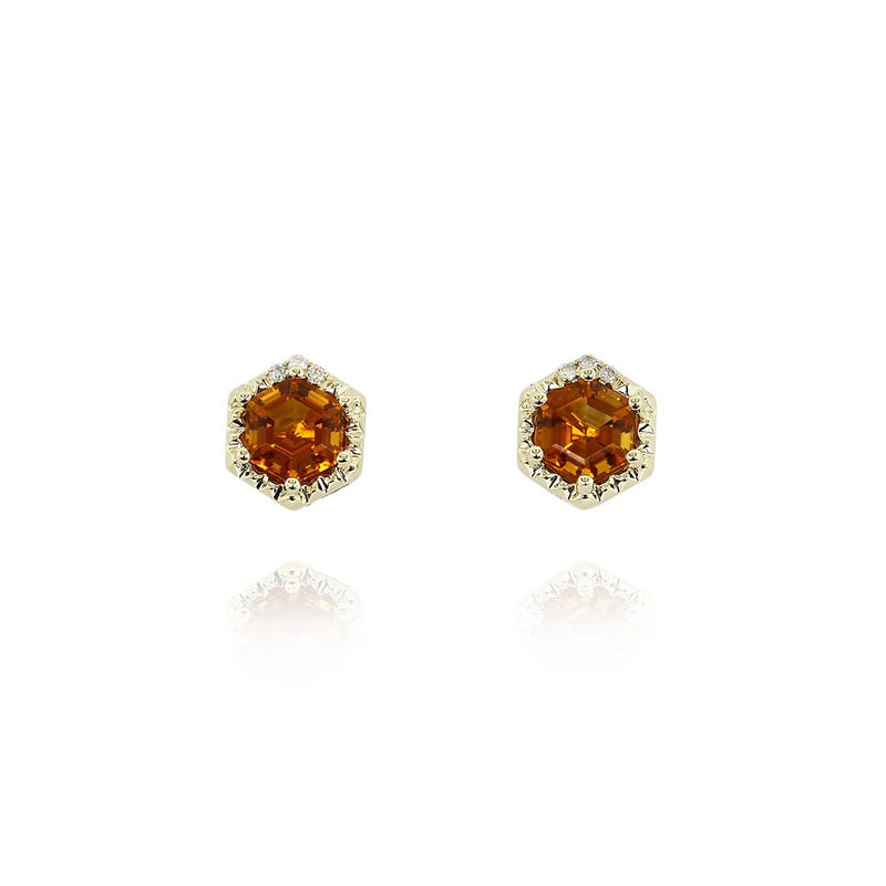 Yael Designs 14k Yellow Gold Borealis Collection Citrine and Diamond Hexagon Stud Earrings