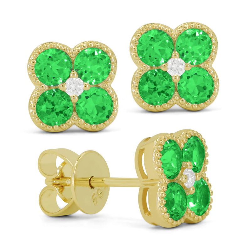 Madison L 14k Yellow Gold Clover Design Tsavorite and Diamond Stud Earrings